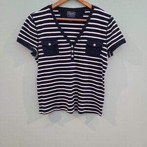 Chaps T-Shirt With Pocket Detail Navy And White Striped Size Large 100% Cotton